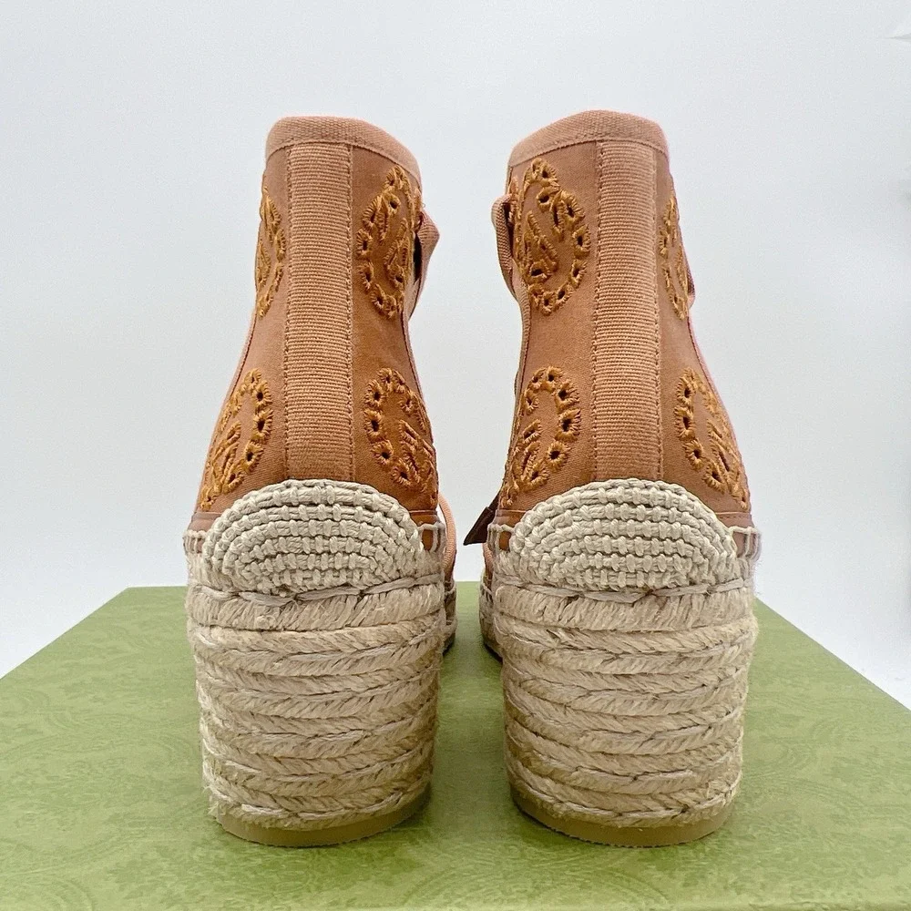 Gucci GG Damita Espadrille Wedge Sandal Eyelet Canvas Cognac Brown 36.5 US 6.5